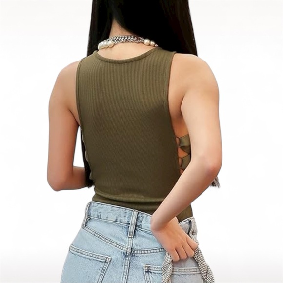 The Drop Ribbed Cutout Bodysuit with side straps - Olive Green - Size XXL - Picture 2 of 13